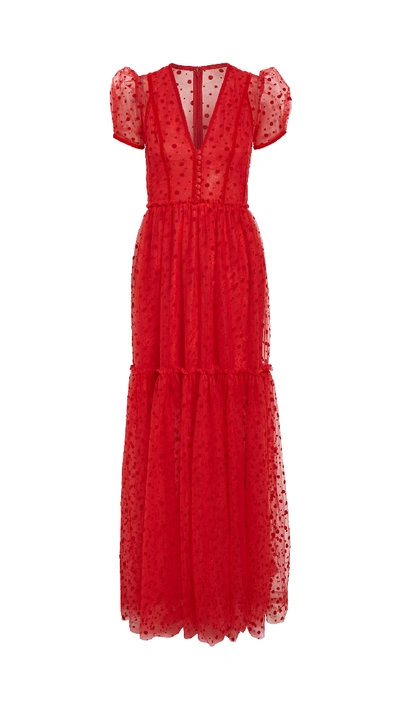 Shop Costarellos Flocked Dot Plunging Neckline Tulle Dress In Red