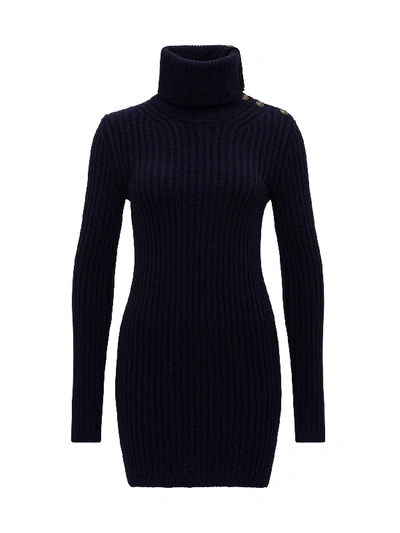 Shop Saint Laurent Knitted Mini Dress With Cowl Neck And Buttons In Blu