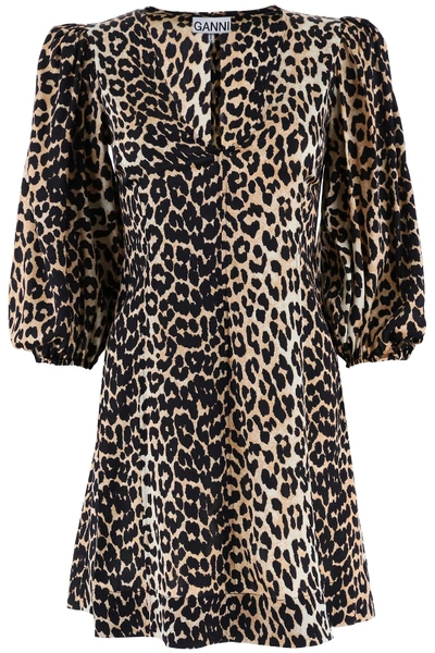 Shop Ganni Leopard Print Silk Mini Dress In Leopard (beige)