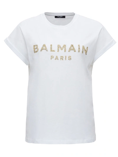 Shop Balmain Tee With Sequined Logo In White