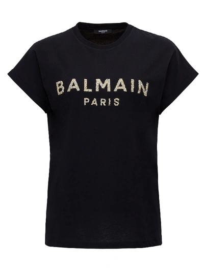 Shop Balmain Tee With Sequined Logo In Black
