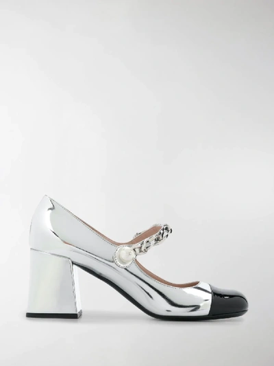 Shop Miu Miu Metallic Block-heel Leather Pumps In Silver