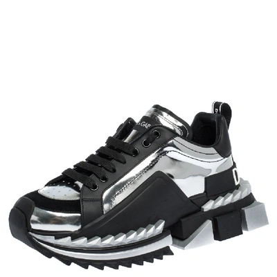 Pre-owned Dolce & Gabbana Silver Two-tone Leather Super King Platform Sneakers Size 41