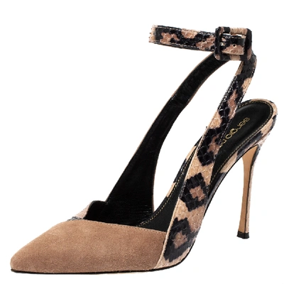 Pre-owned Sergio Rossi Beige/black Suede And Python Pointed Toe Ankle Wrap Sandals Size 38