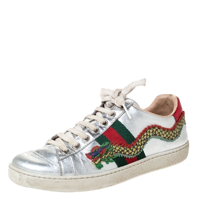 Pre-owned Gucci Metallic Silver Leather Web Ace Dragon Lace Up Sneakers Size 36