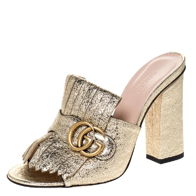 Pre-owned Gucci Metallic Gold Foil Leather Gg Marmont Fringe Mules Size 37.5