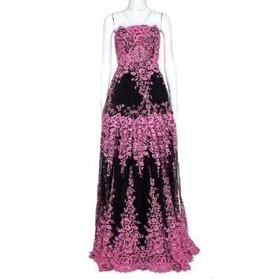 Pre-owned Dolce & Gabbana Black & Pink Guipure Lace Strapless Evening Gown It 44