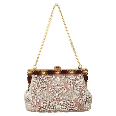 Pre-owned Dolce & Gabbana Pink Velvet Crystal Gold Clutch Bag