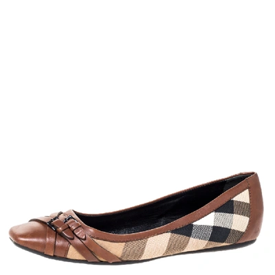 Pre-owned Burberry Brown House Check Canvas And Leather Buckle Ballet Flats Size 39