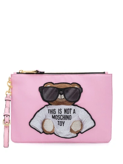 Shop Moschino Teddy Embroidered Clutch Bag In Pink