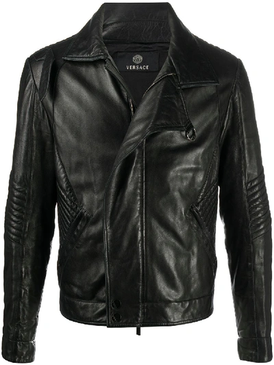 Pre-owned Versace Quilt Detailing Biker Jacket In Black