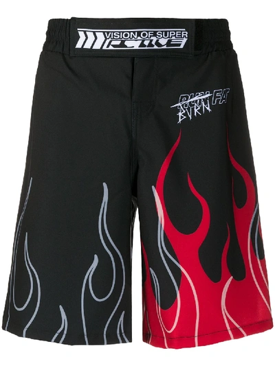 Shop Vision Of Super Flames-print Track Shorts In Black