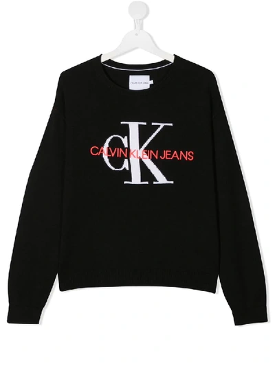 Shop Calvin Klein Long Sleeve Knitted Logo Jumper In Black