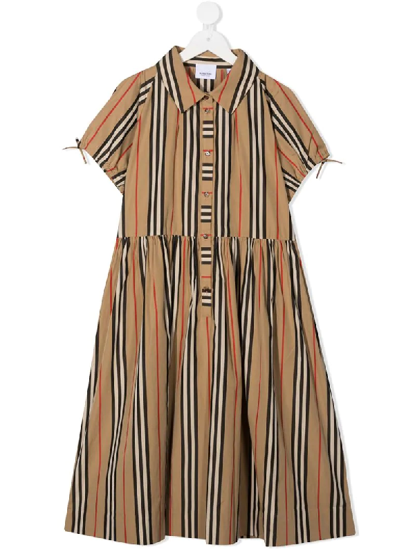 Burberry Kids Archive Stripe Print Shirt Dress In Brown Modesens