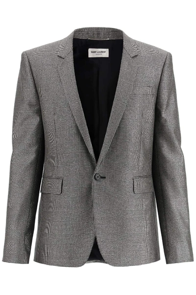 Shop Saint Laurent Prince Of Wales Lame Jacket In Black,silver,grey