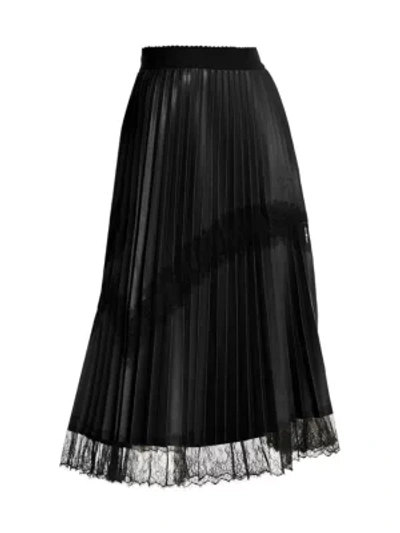 Shop Marina Rinaldi Lace Trim Faux-leather Pleated Midi Skirt In Black