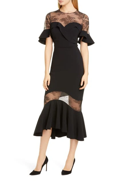 Shop Marchesa Notte Ruffle High/low Crepe & Lace Midi Dress In Black