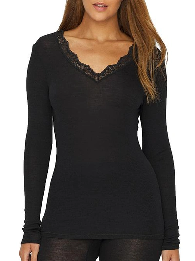 Shop Hanro Woolen Lace Ribbed Knit Lounge Shirt In Black
