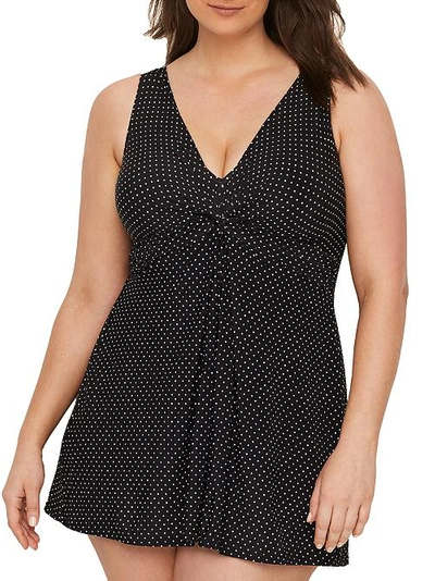 Shop Miraclesuit Plus Size Pin Point Marais Swim Dress In Black,white Dot