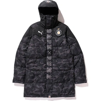 Pre-owned Bape X Puma Abc Camo Long Down Puffer Jacket Black | ModeSens