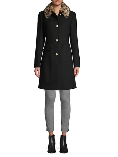 Shop Kate Spade Leopard Faux Fur-collar Wool-blend A-line Coat In Black