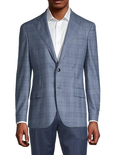 Shop Lubiam Men's Standard-fit Windowpane Virgin Wool Jacket In Light Blue