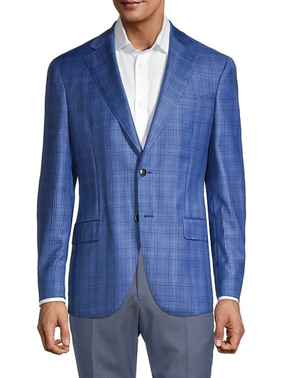 Shop Lubiam Men's Standard-fit Plaid Virgin Wool Jacket In Turquoise