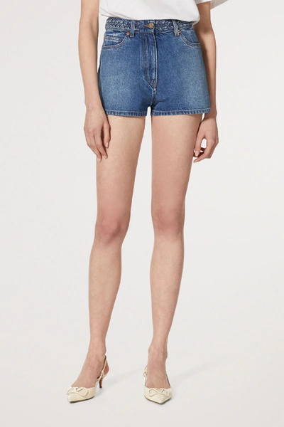 Shop Valentino Braid-detailed Denim Shorts In Mid Denim