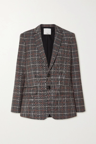 Shop Tibi Gabe Cutout Checked Woven Blazer In Gray