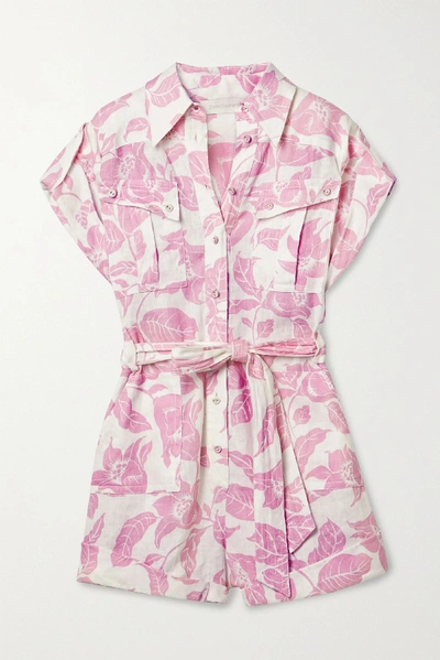 Shop Zimmermann Bells Belted Printed Linen Playsuit In White