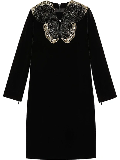 Shop Gucci Sequin Butterfly Short Velvet Dress In Black