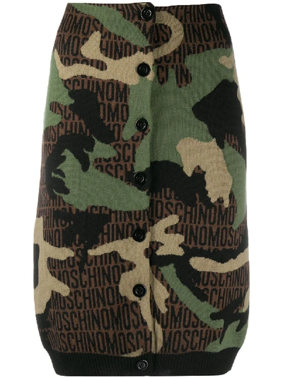 Shop Moschino Camouflage Knitted Pencil Skirt In Green