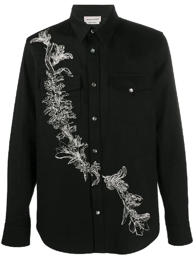 Shop Alexander Mcqueen Embroidered Denim Shirt In Black