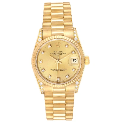 Pre-owned Rolex Champagne Diamonds 18k Yellow Gold President 68238 Women's Wristwatch 31 Mm
