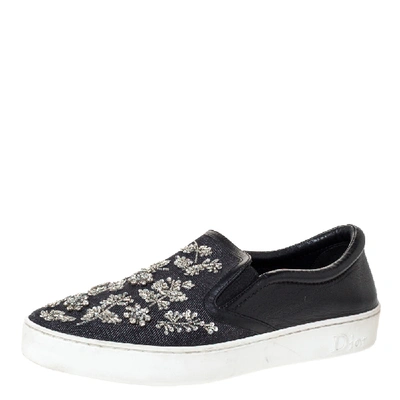 Pre-owned Dior Indigo Crystal Embellished Dark Wash Denim And Leather Happy Slip On Trainers Size 41 In Blue