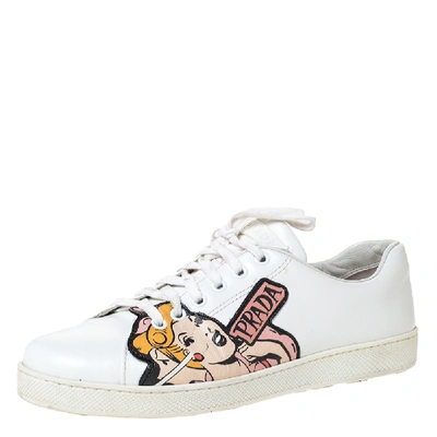 Pre-owned Prada White Leather Comics Patch Lace Up Low Top Sneakers Size 40  | ModeSens