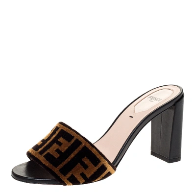 Pre-owned Fendi Brown Zucca Velvet Slip On Slides Size 36.5