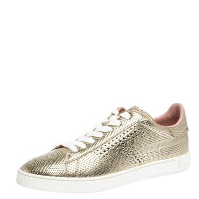 Pre-owned Tod's Metallic Gold Woven And Perforated Leather Low Top Lace Up Sneakers Size 39.5