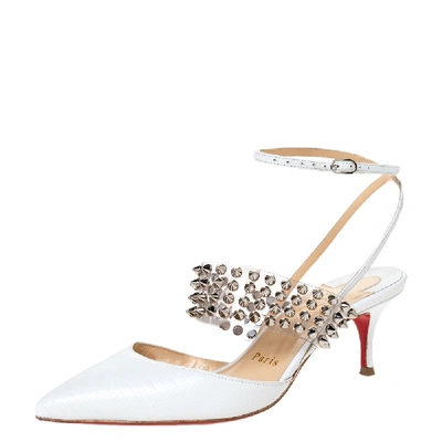 Pre-owned Christian Louboutin White Lizard Embossed Leather And Pvc Levita 55 Studded Ankle Wrap Sandals Size 36
