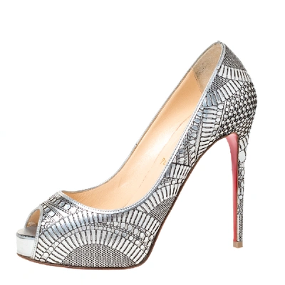 Pre-owned Christian Louboutin Silver Leather Suellena Peep Toe Platform Pumps Size 37.5