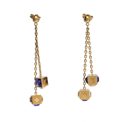 Pre-owned Louis Vuitton Gamble Crystal Gold Tone Long Drop Earrings