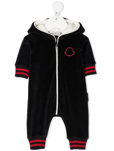 Shop Moncler Striped-trimmed Hooded Romper In Blue