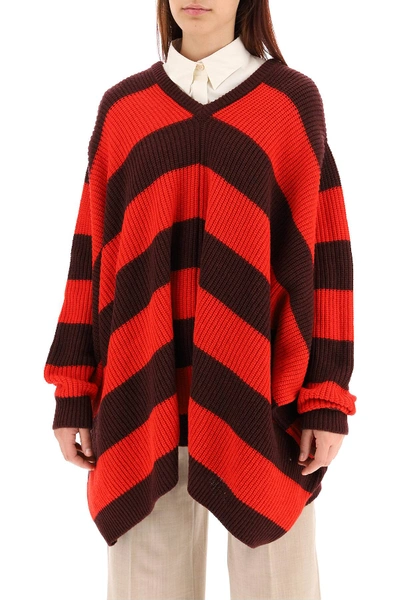 Shop Marni Striped Knit Cape Sweater In Red
