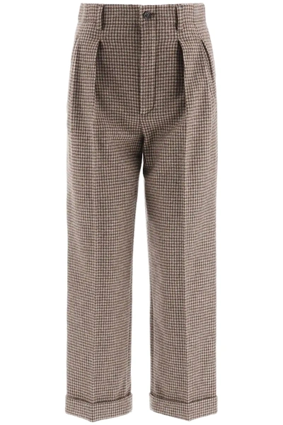 Shop Saint Laurent Houndstooth Flannel Trousers In Beige,brown