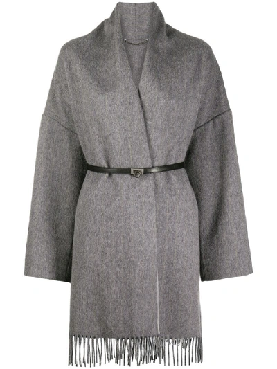 Shop Ferragamo Fringed Belted Cardi-coat In Grey