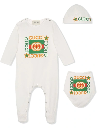 Gucci Baby Cotton Onesie, Bib And Hat Set In White