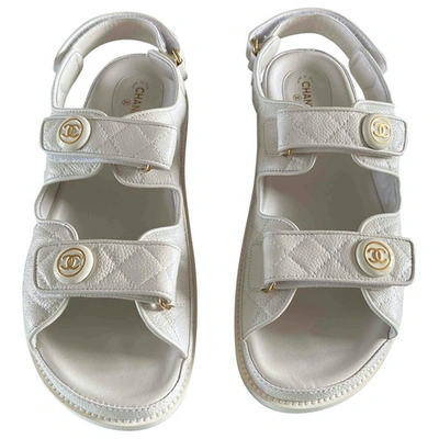 Chanel Printed & Textured Calfskin Velcro Dad Sandals White 38.5