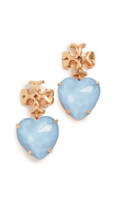 Carved Kira Heart Earrings In Rolled Brass light Blue