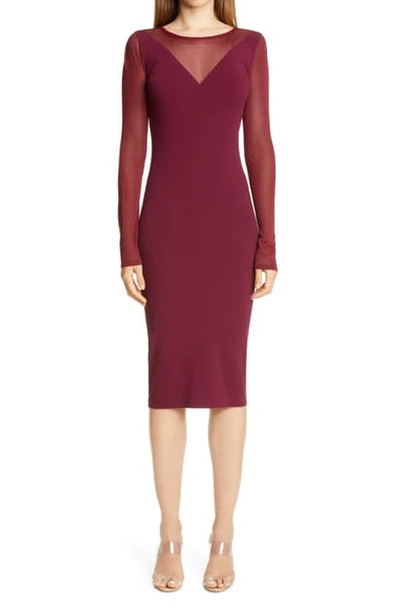 Shop Altuzarra Sheer Panel Long Sleeve Body-con Dress In Malbec