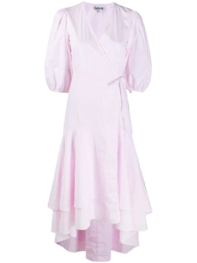 Shop Ganni Ruffled Hem Wrap Dress In Pink